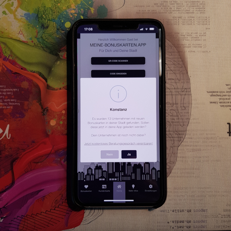 MEINE-BONUSKARTEN.APP Funktion "Bonuskarten laden" - Alle Bonuskarten einer Stadt laden, finde neue Händler in deiner Stadt