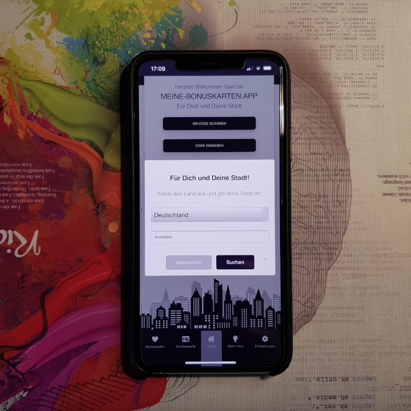 MEINE-BONUSKARTEN.APP Funktion "Bonuskarten laden" - Alle Bonuskarten einer Stadt laden, finde neue Händler in deiner Stadt
