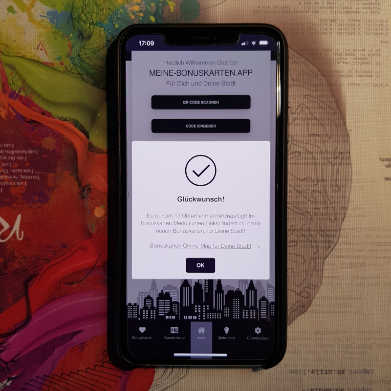 MEINE-BONUSKARTEN.APP Funktion "Bonuskarten laden" - Alle Bonuskarten einer Stadt laden, finde neue Händler in deiner Stadt