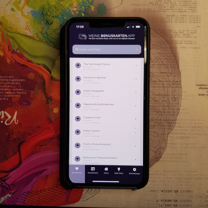 MEINE-BONUSKARTEN.APP Funktion "Bonuskarten laden" - Alle Bonuskarten einer Stadt laden, finde neue Händler in deiner Stadt