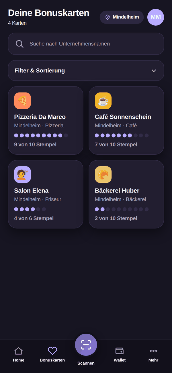 MBK App: Tvoje kartice vjernosti: sve kartice tvog grada na jednom popisu, s pretragom i filtrom.